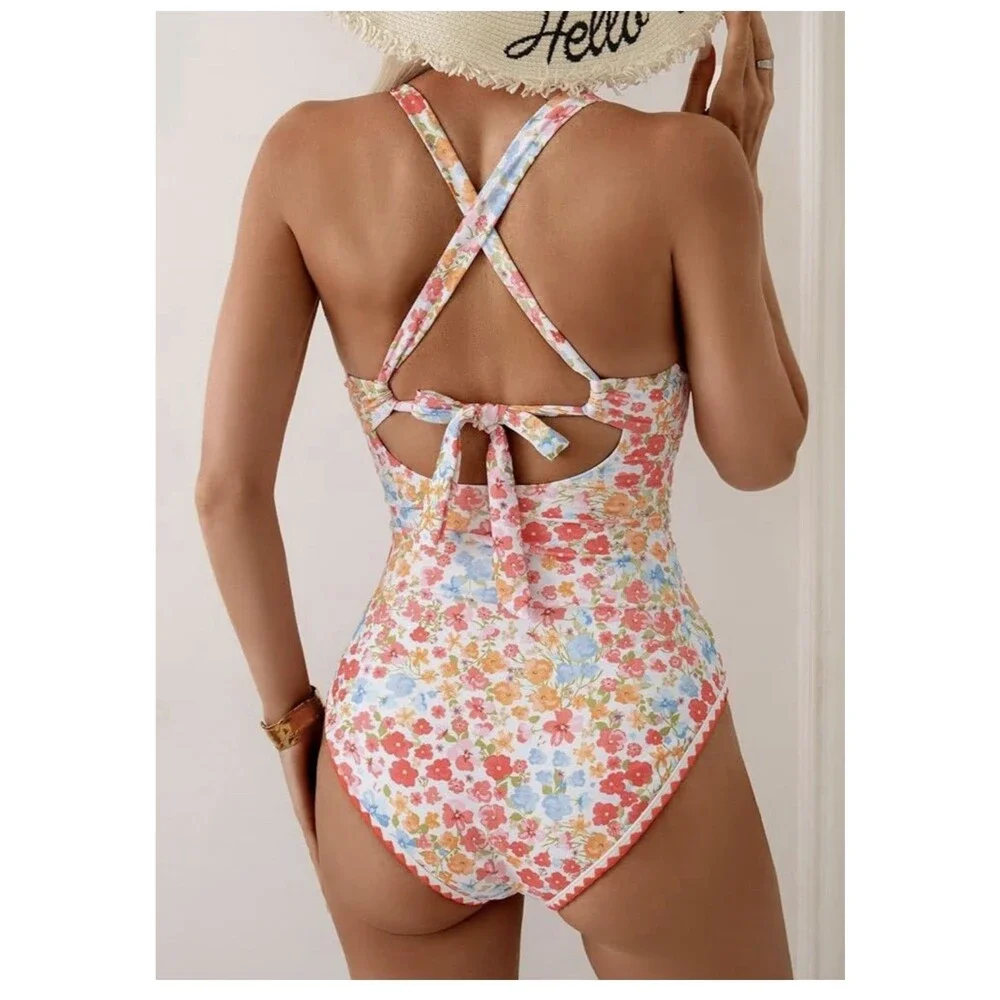 Women's One Piece Swimsuit Tummy Control Shell Stitch floral multicolor size L